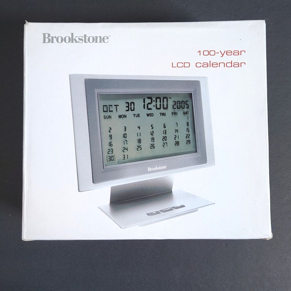 Vintage Brookstone 100-Year LCD Digital Calendar Desk Clock Silver Model 575282